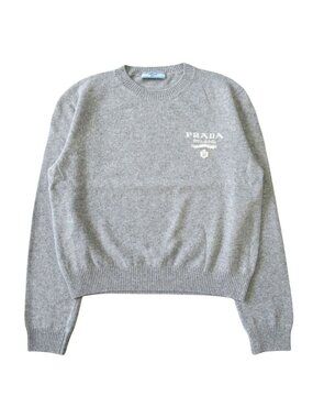 Prada Cashmere Blend Knit Sweater Top Long Sleeve Intarsia Logo 38 Gray